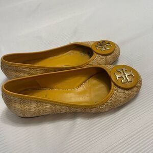 Tory Burch Reva Raffia Woven Yellow Straw Flats Size 6